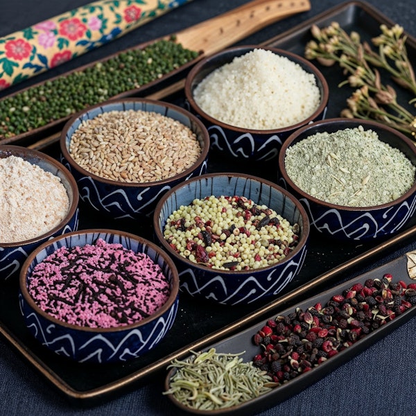 Assorted Grains and Spices in Patterned Bowls