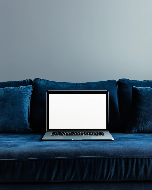 Laptop on Blue Sofa