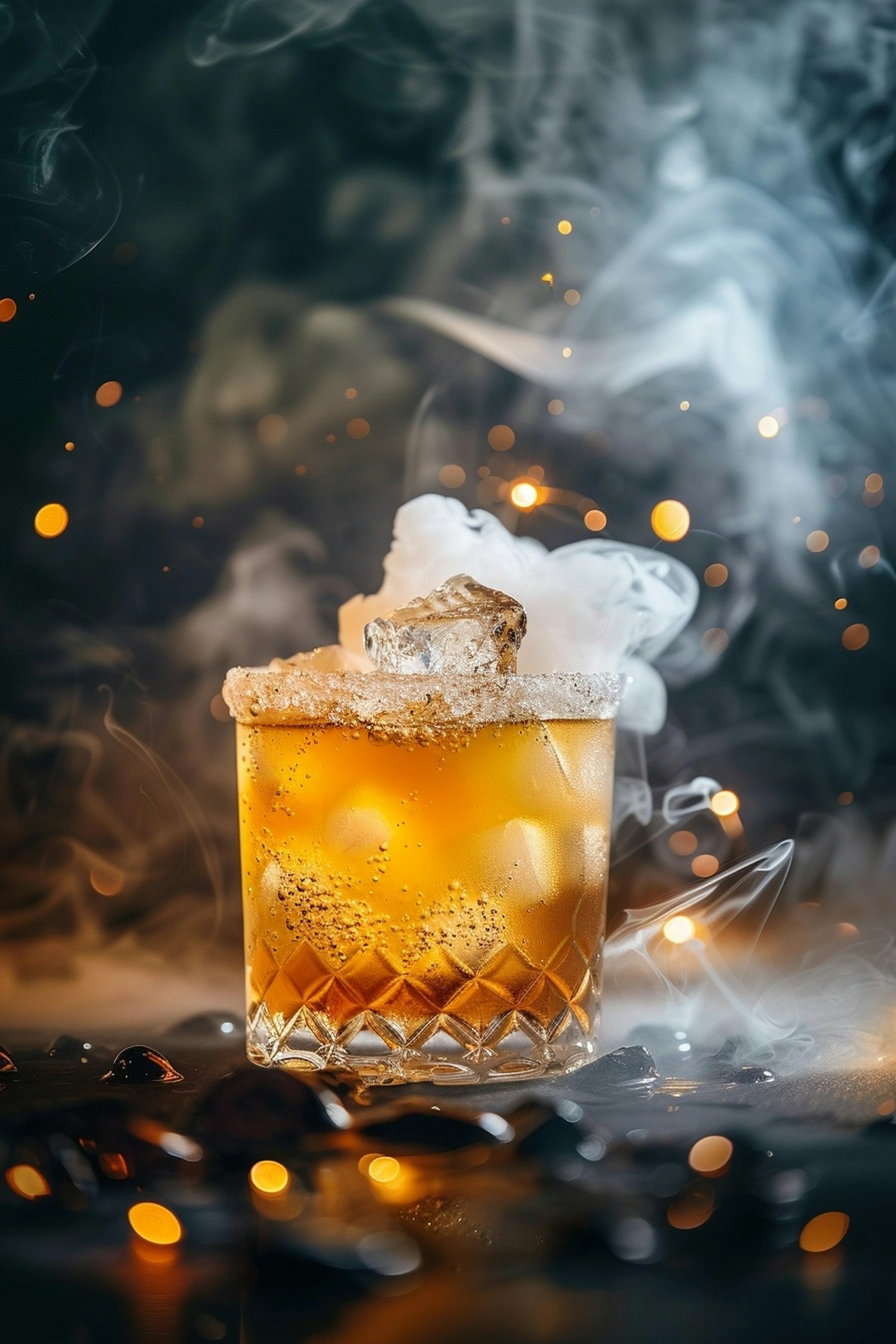 Elegant Amber Cocktail with Smoky Atmosphere