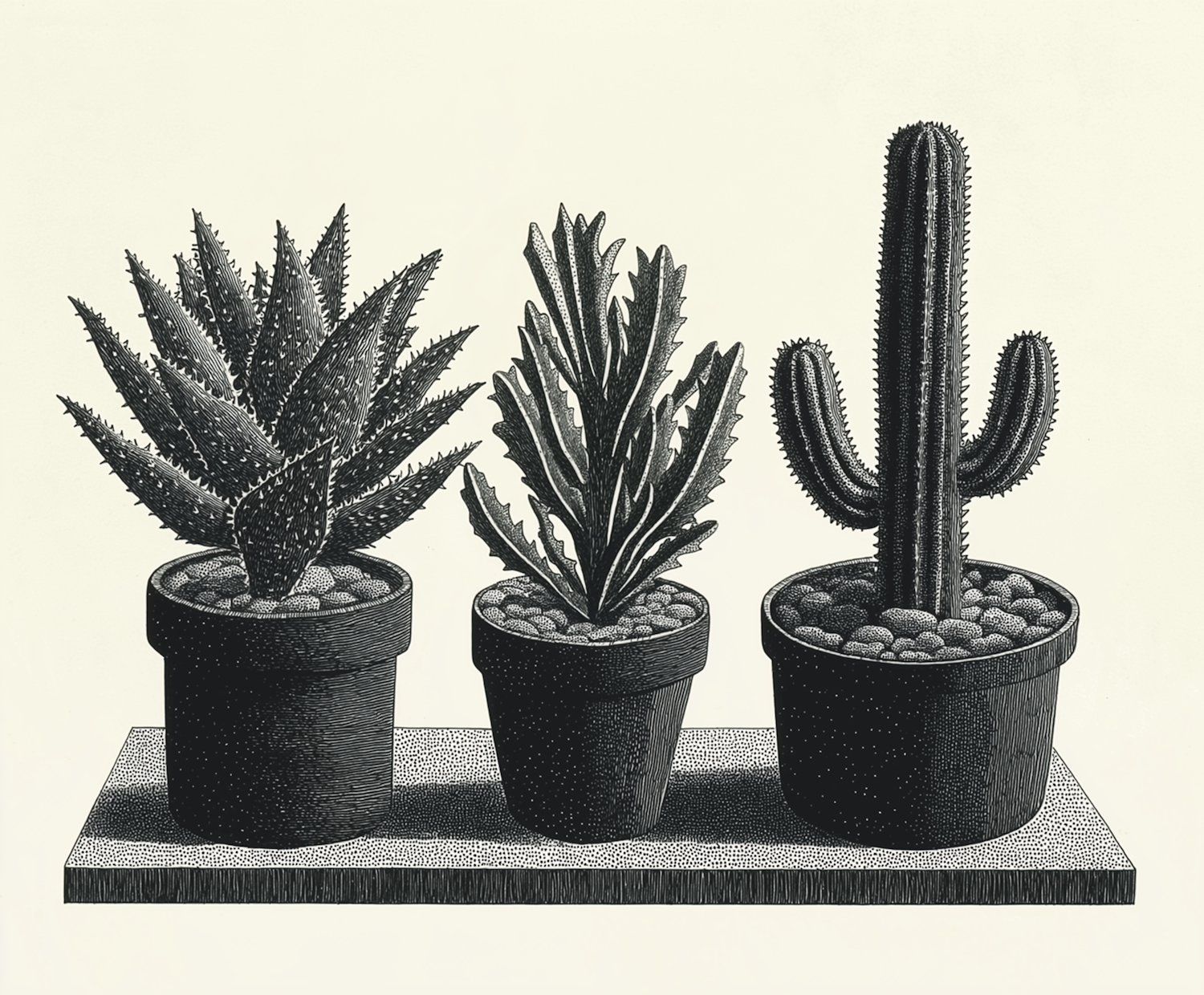 Monochromatic Illustration of Succulents and Cactus