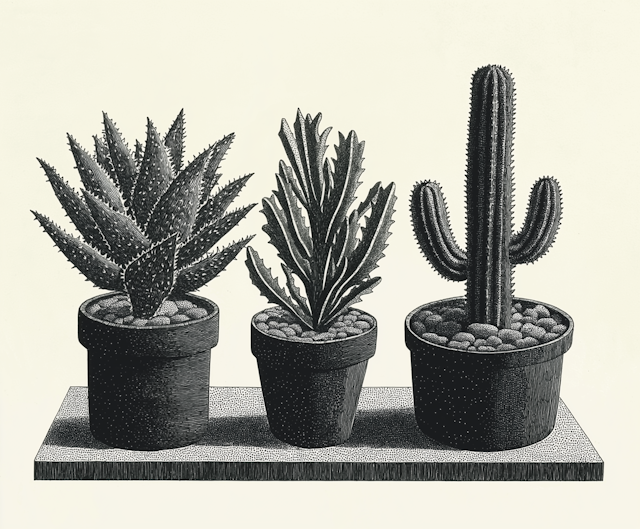 Monochromatic Illustration of Succulents and Cactus