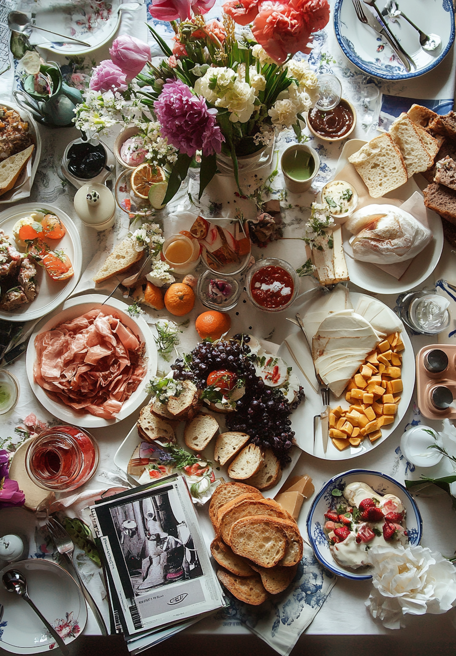 Lavish Food Spread with Flowers