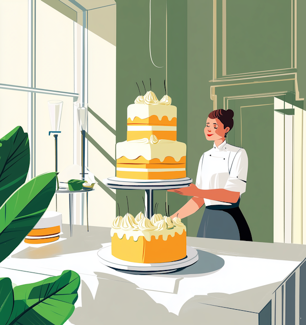 Female Chef Presenting Three-Tiered Cake