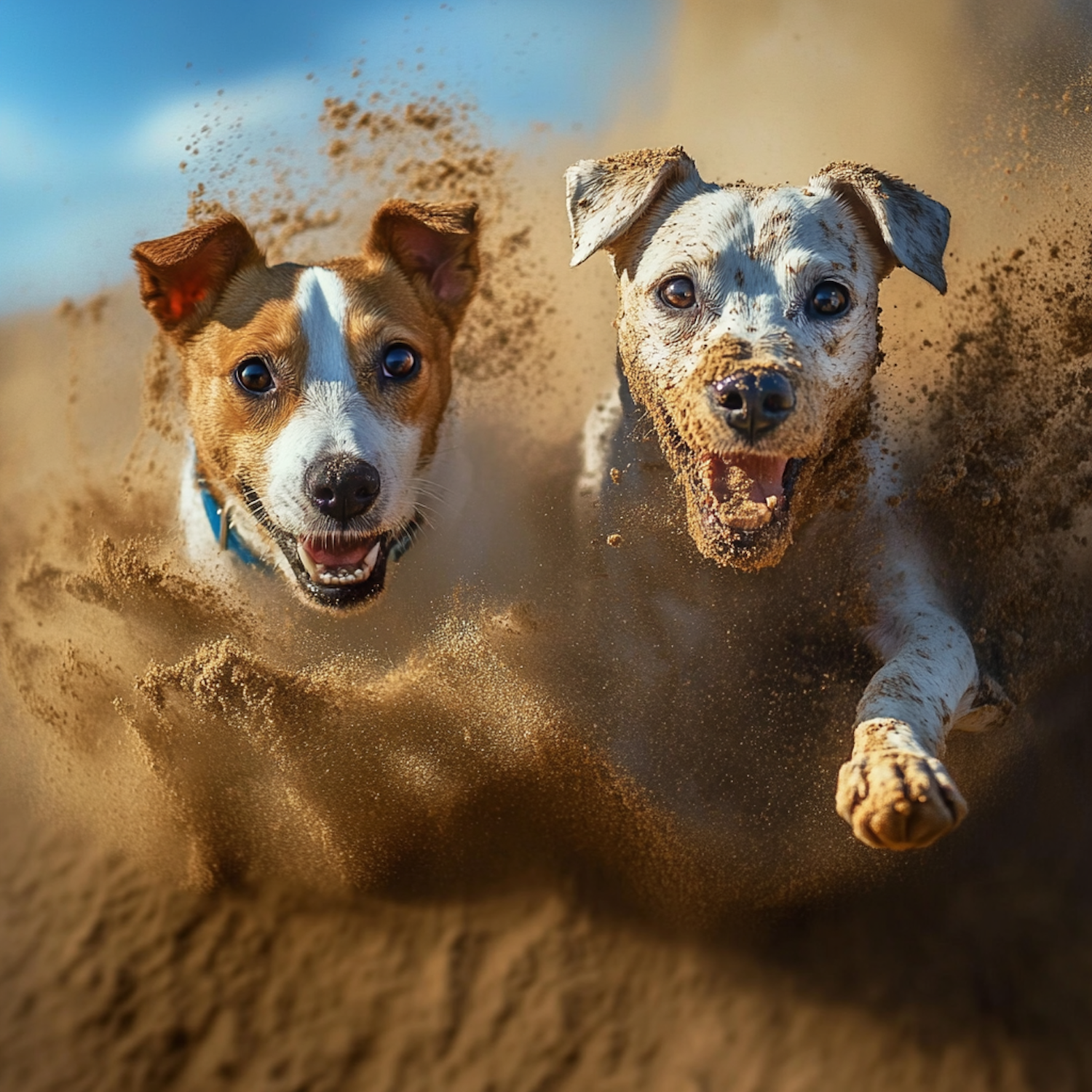 Energetic Dogs Running Through Sand