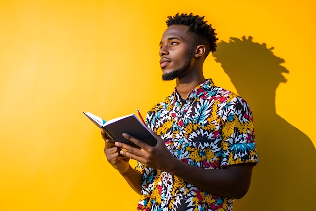 Young Man Reading Against Yellow Background