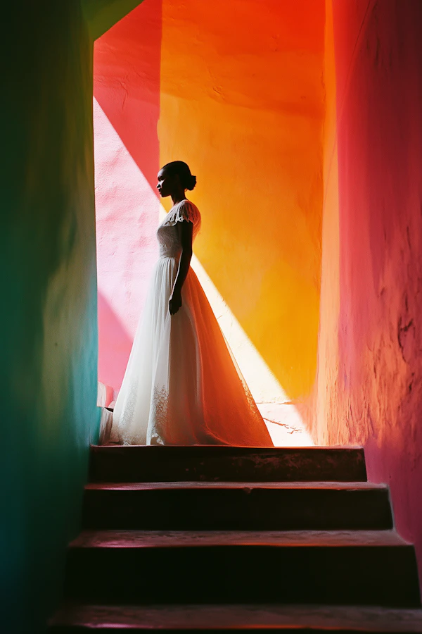 Woman in White Dress on Staircase