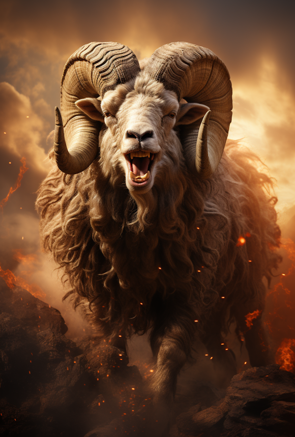 Charging Mythical Ram in Apocalyptic Landscape