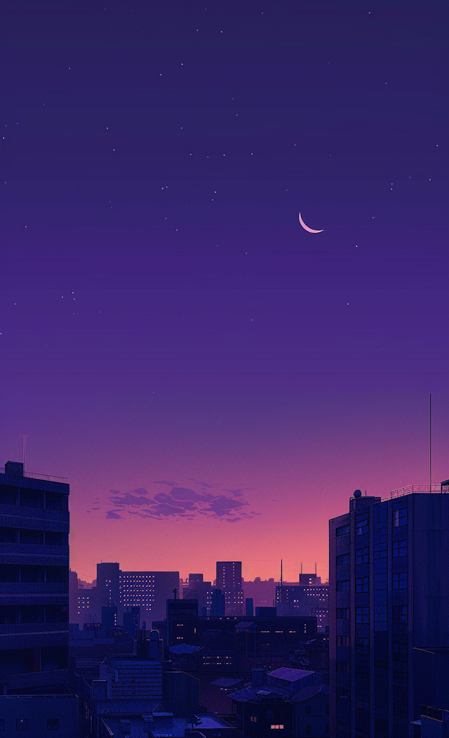 Twilight Cityscape with Crescent Moon