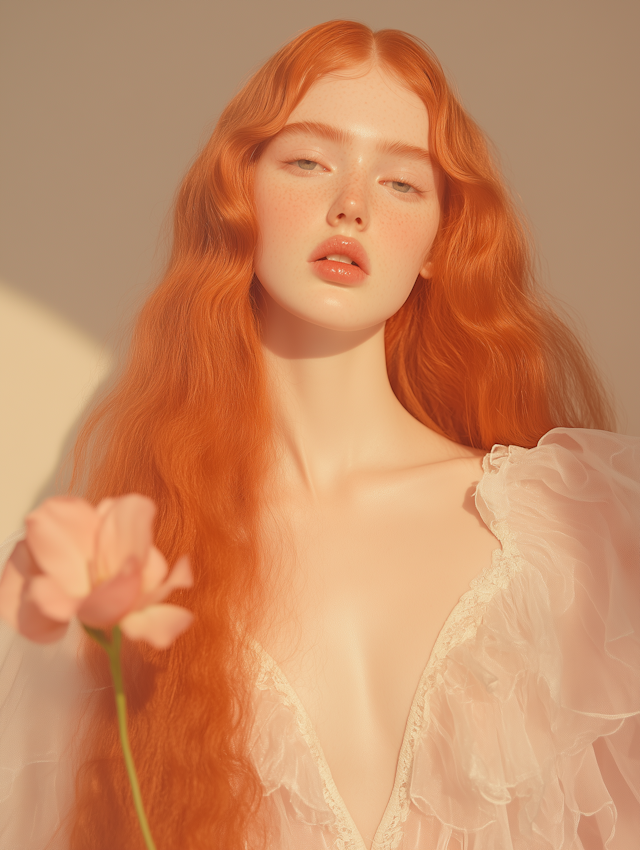 Ethereal Red-Haired Woman with Pink Flower