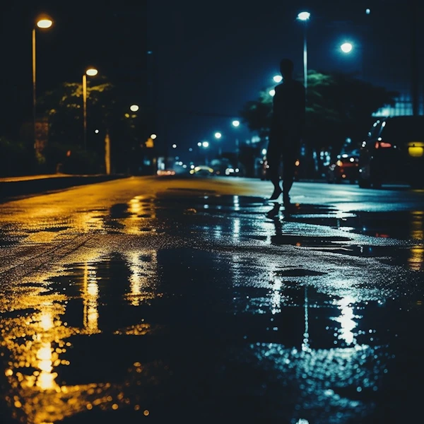 Solitary Nocturne on Rainy Urban Street