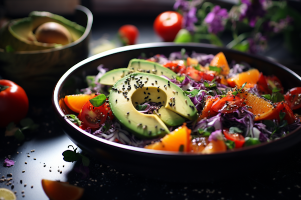 Colorful Avocado and Mixed Greens Salad with Sesame Seeds