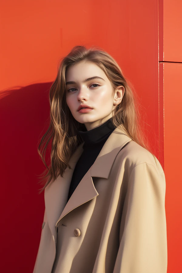 Portrait of a Young Woman Against Red Background