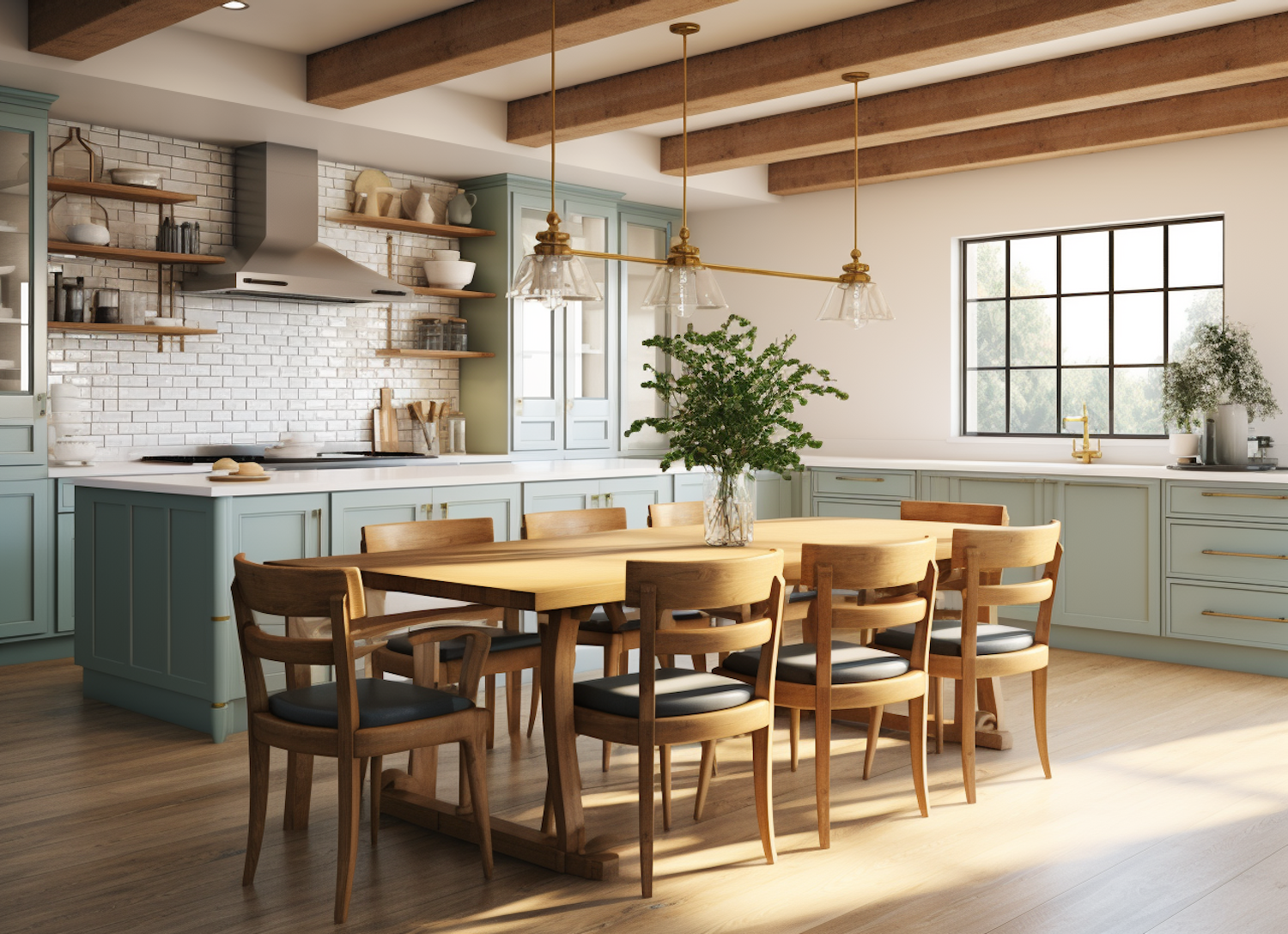 Contemporary Serenity: Pastel-Blue Kitchen and Sunlit Dining Space