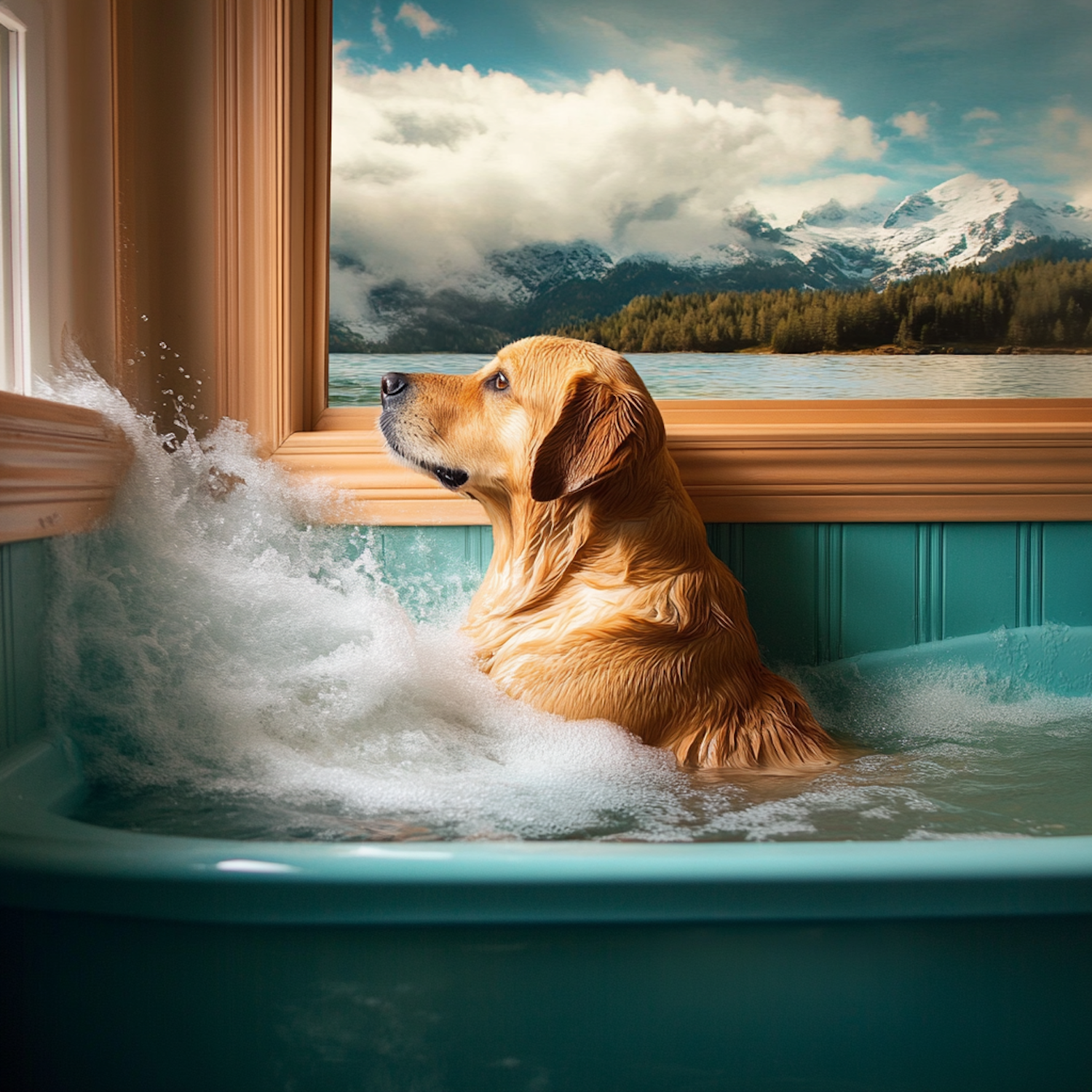 Golden Retriever in Bathtub with Mountain View