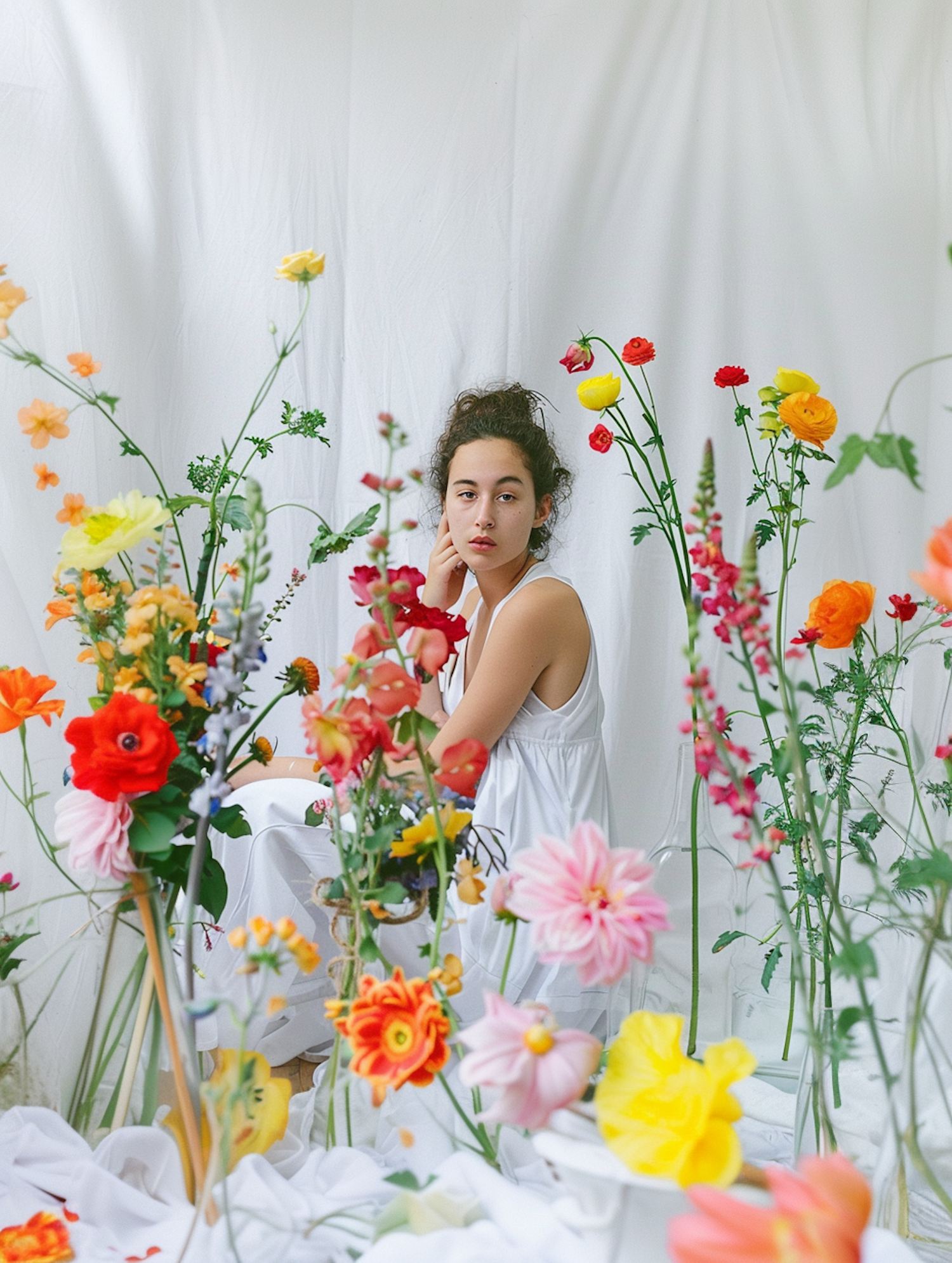 Contemplative Woman Amidst Flowers