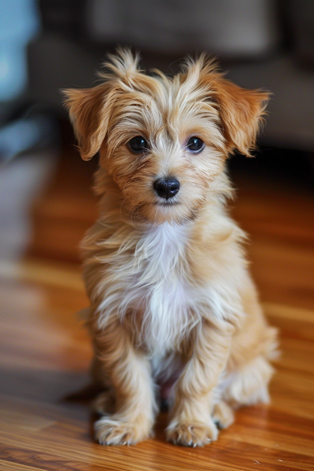 Curious Yorkshire Terrier on Wooden Floor