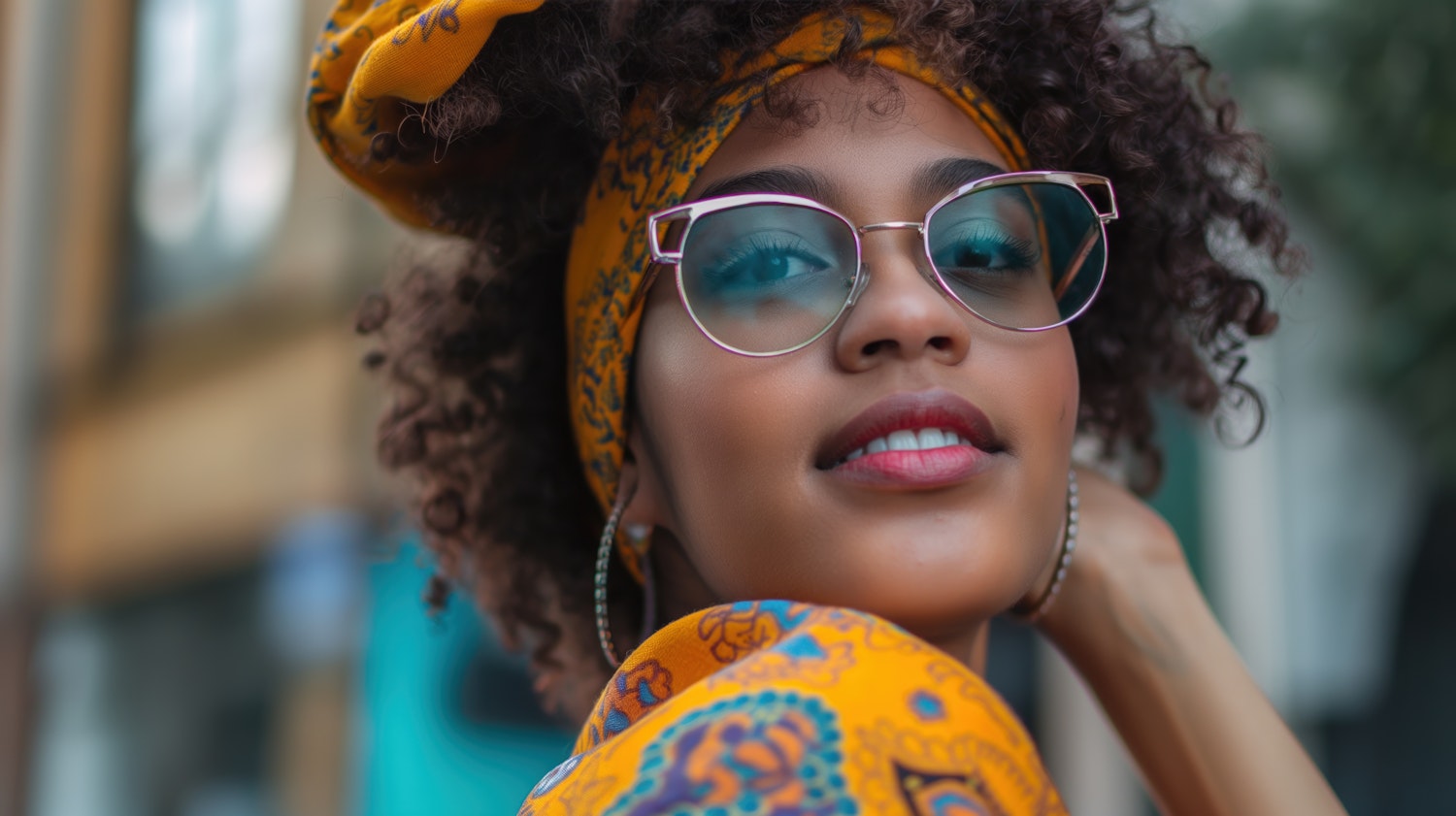 Stylish Woman with Colorful Headscarf and Glasses