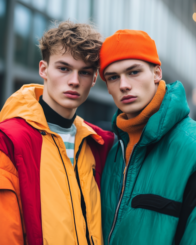 Two Young Men in Vibrant Winter Jackets