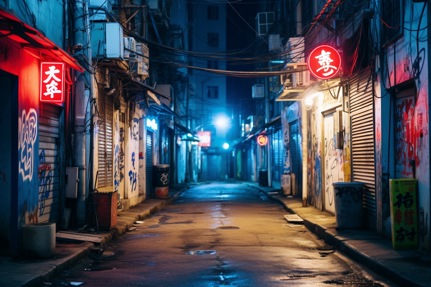 Neon-lit Asian Alley after Rain