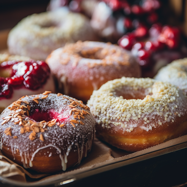 Decadent Almond-Topped and Sugar-Crusted Doughnuts Display