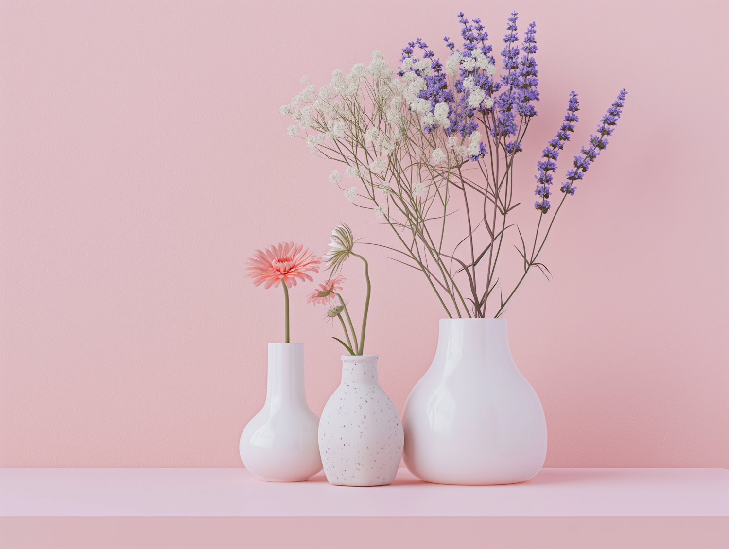 Three Ceramic Vases with Flowers