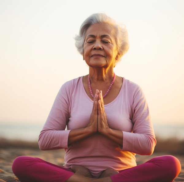 Serenity in Sunset: Elderly Woman in Lotus Pose