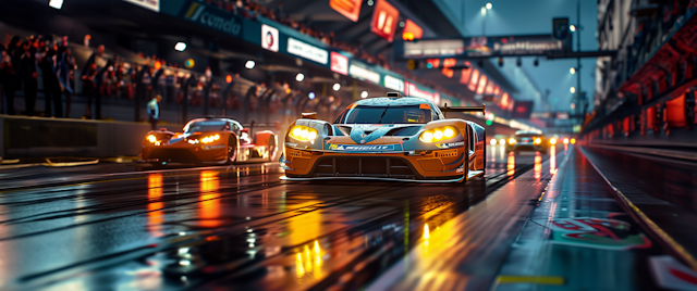 Twilight Car Race on Wet Track