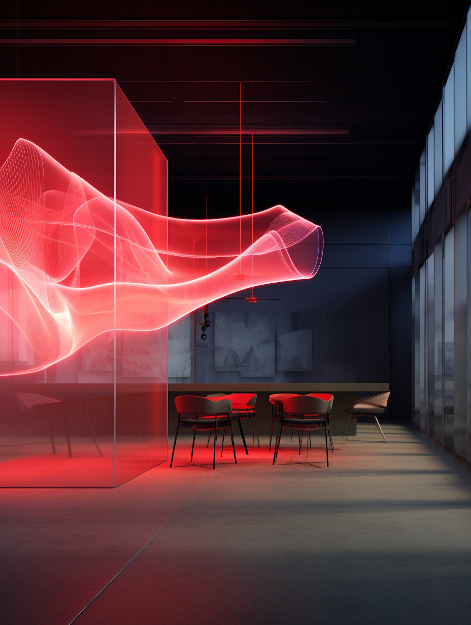 Waveform Glow: A Red-Lit Modern Interior