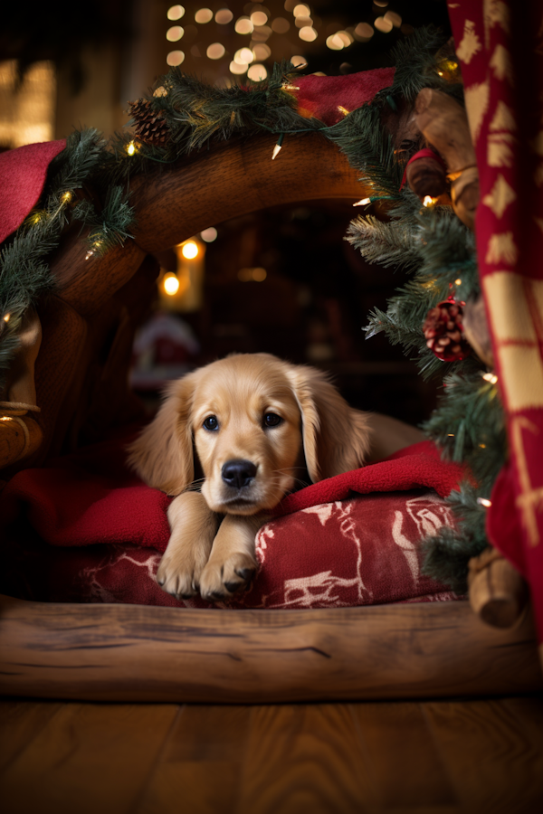 Festive Golden Retriever Puppy in Cozy Holiday Nook
