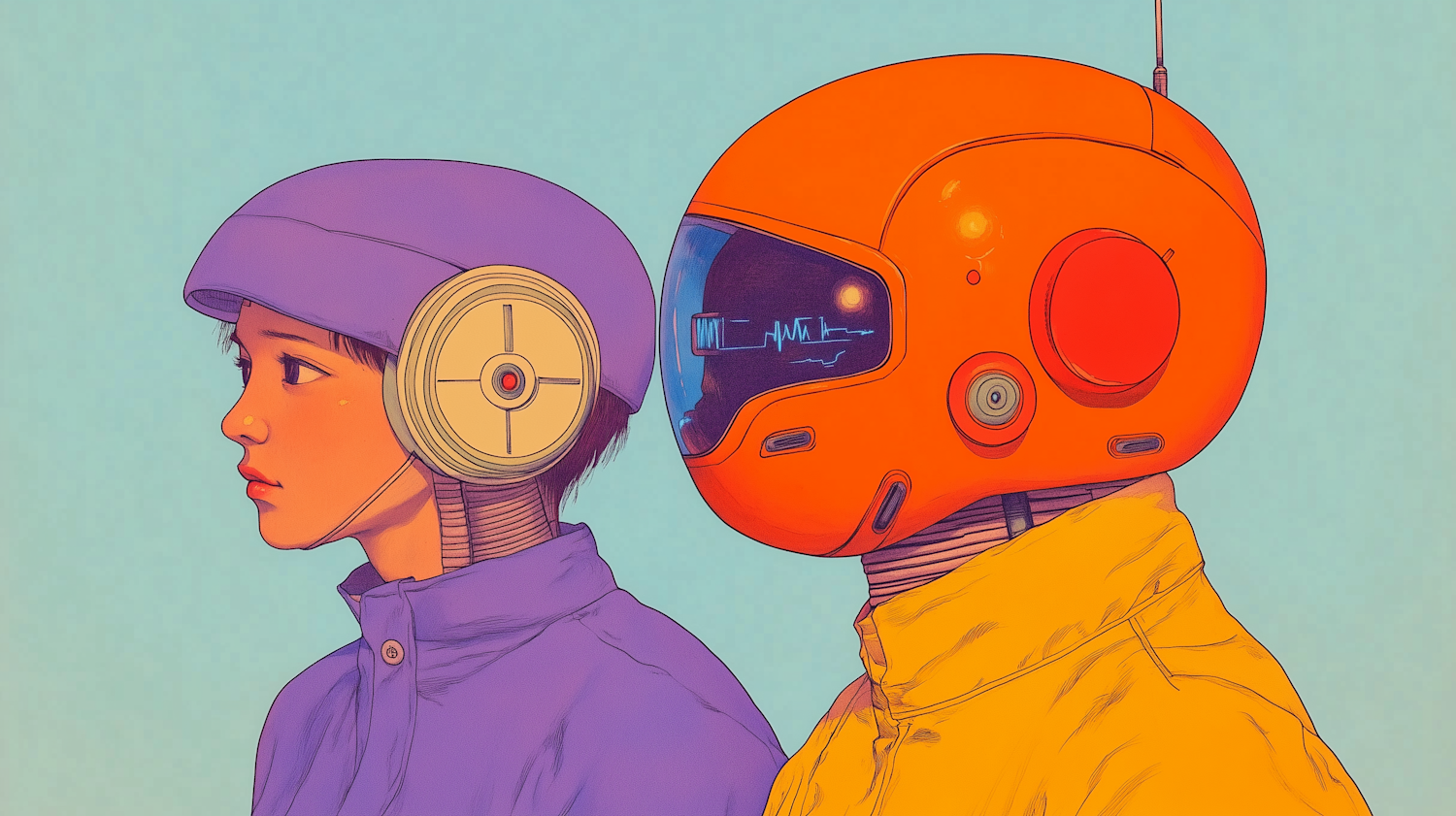 Human and Robot with Futuristic Helmets