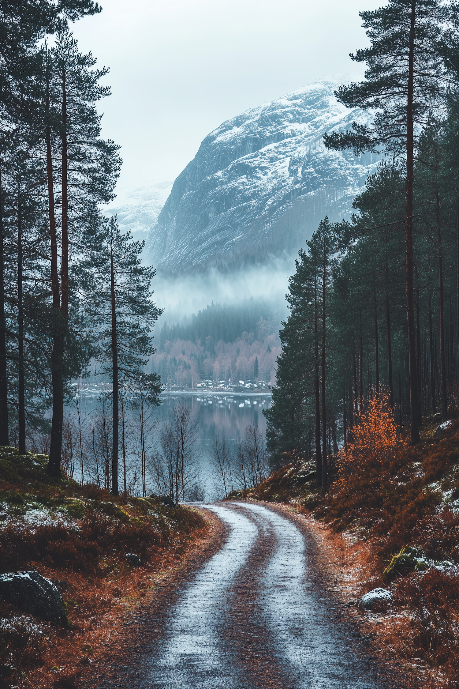 Serene Forest Path with Mountain