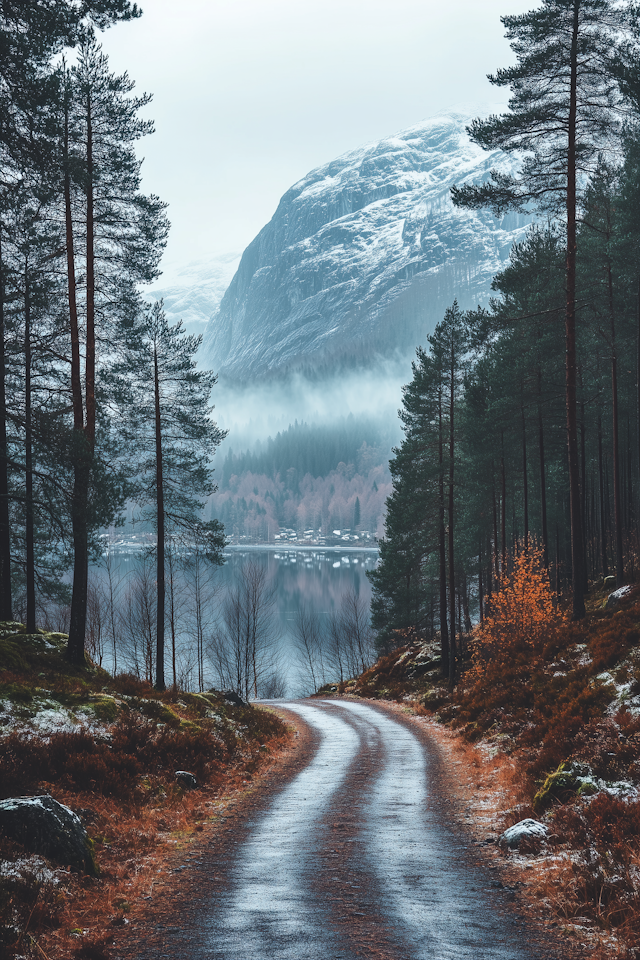 Serene Forest Path with Mountain