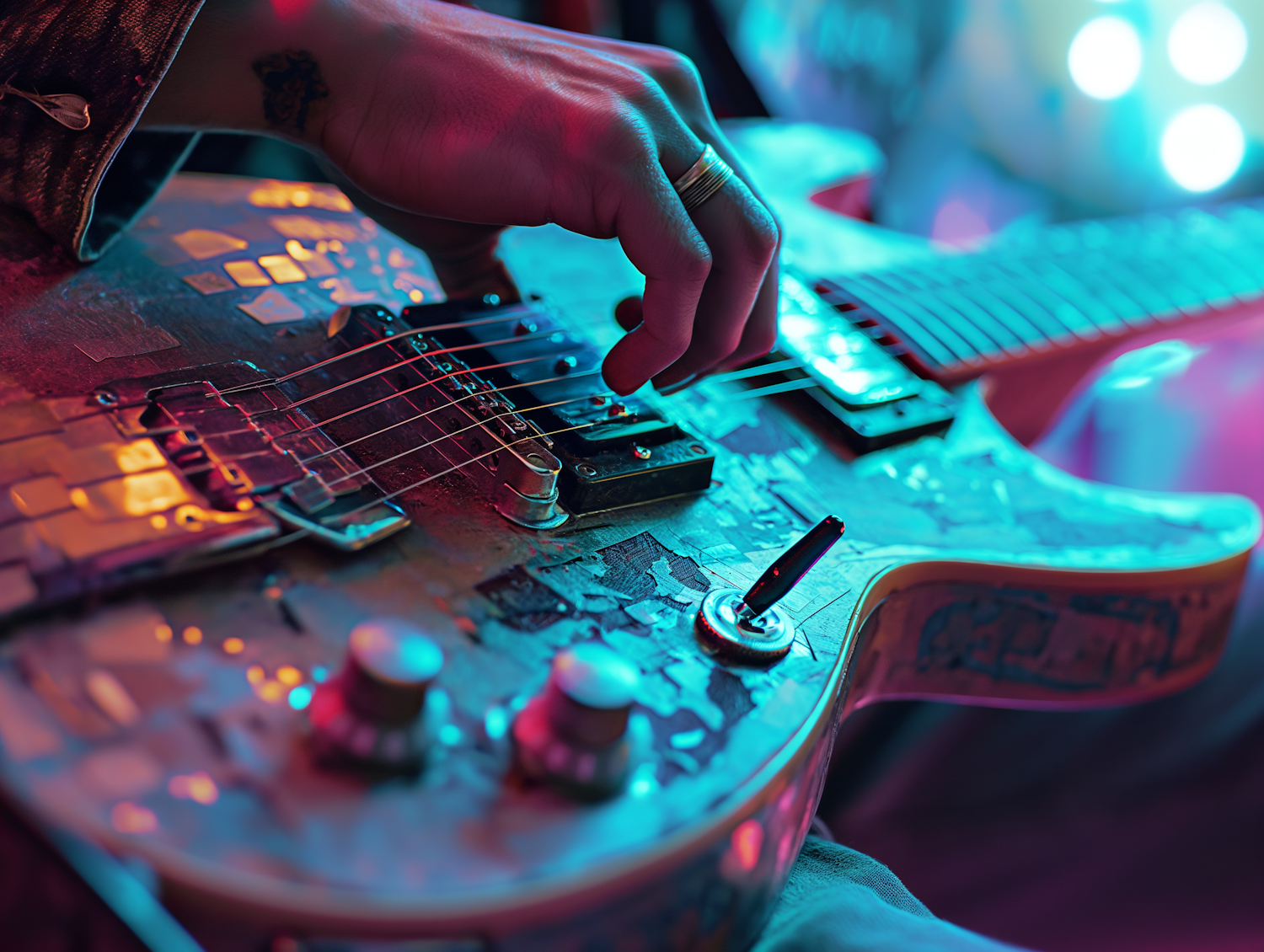 Neon Glow Guitarist Close-Up