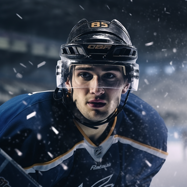 Determined Ice Hockey Player #85 in Snow