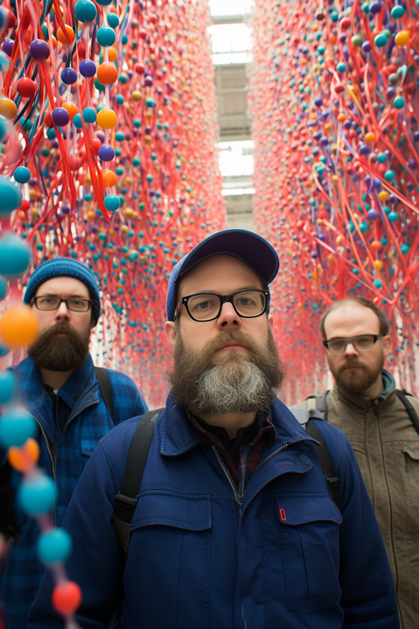 Bearded Trio Against Vibrant String Art