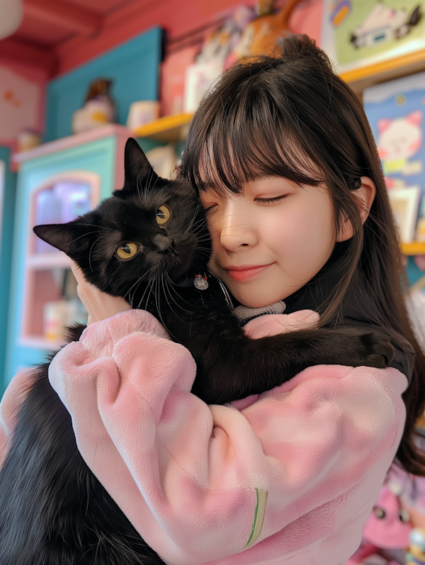 Woman Embracing Black Cat