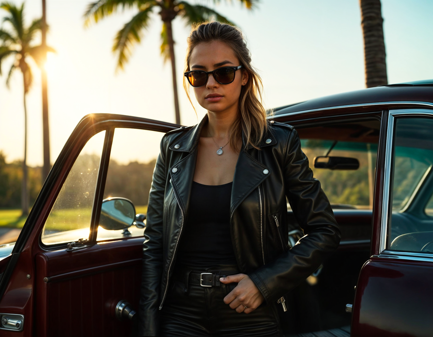 Woman by Car at Sunset