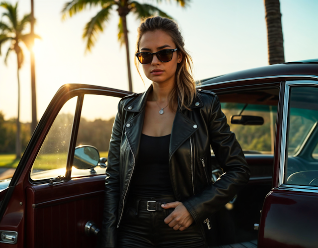 Woman by Car at Sunset