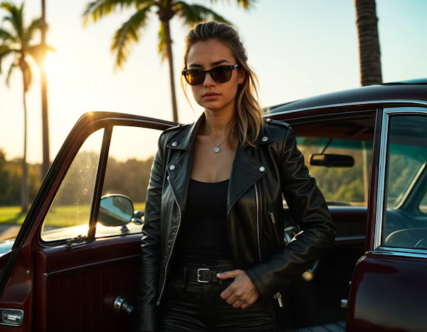 Woman by Car at Sunset