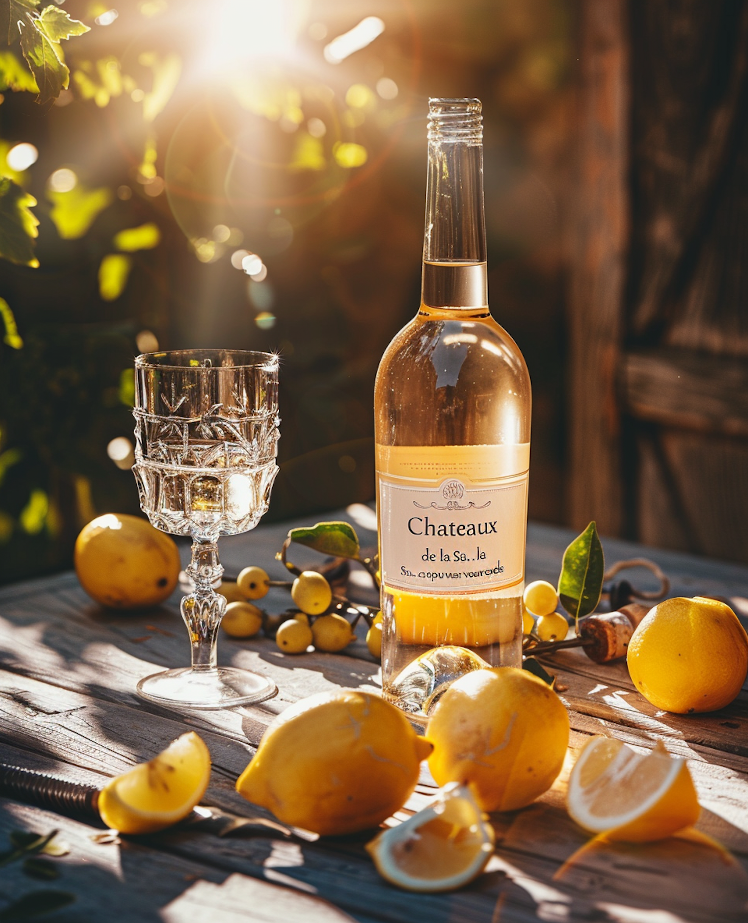 Rustic Outdoor Wine and Lemons Still Life