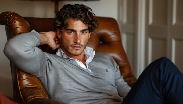 Young Man Lounging in Leather Armchair
