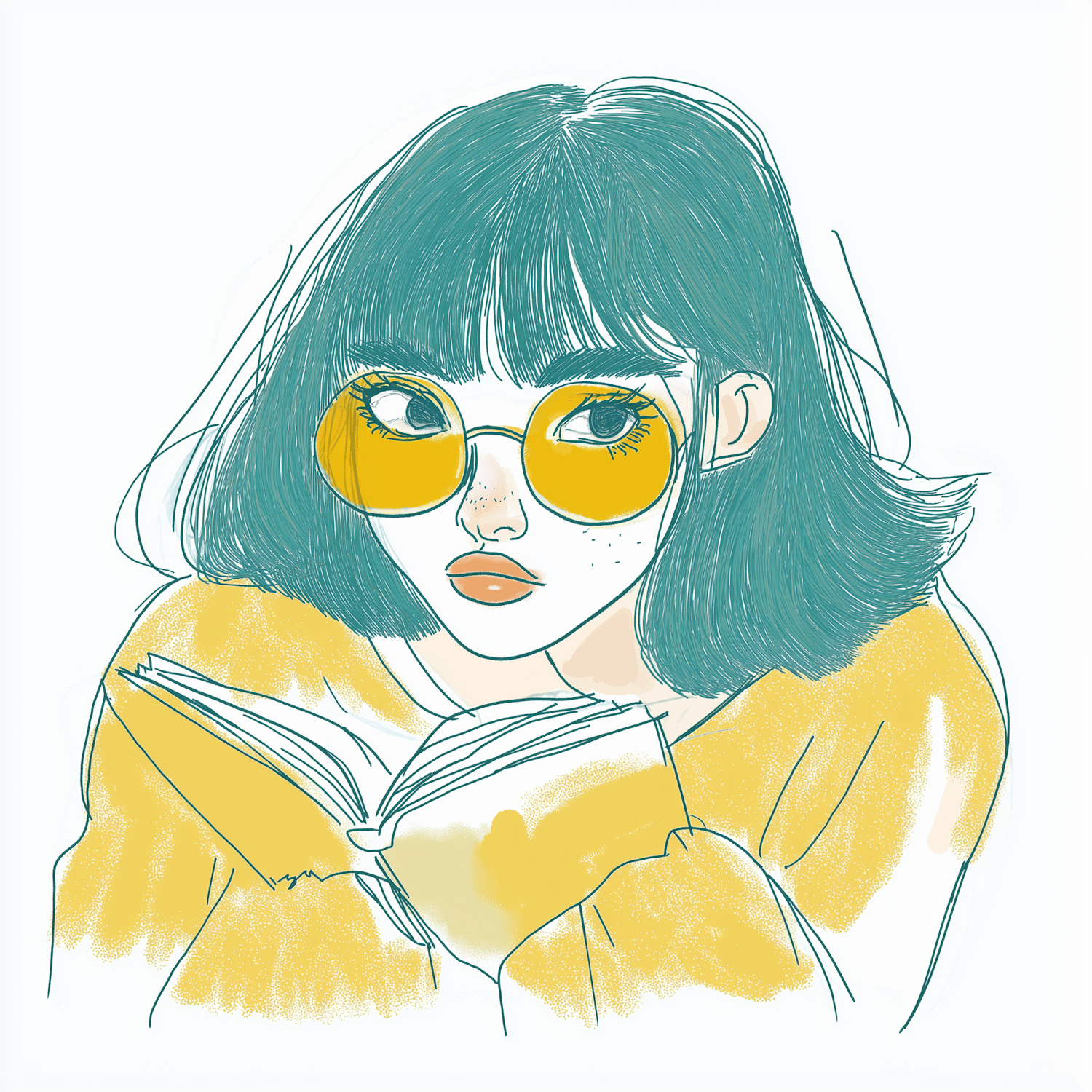 Stylized Illustration of a Woman with Glasses and Book