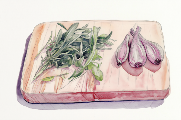 Watercolor Illustration of Tarragon and Red Onions