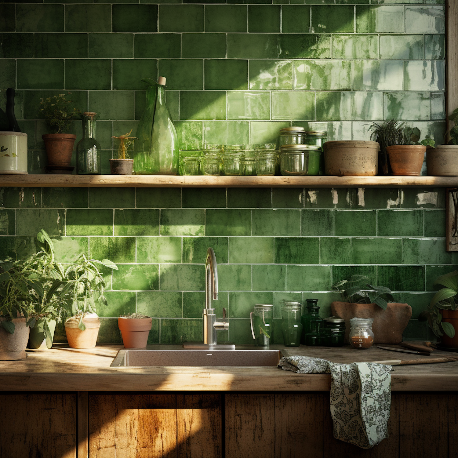 Sunlit Rustic Kitchen with Green Accents