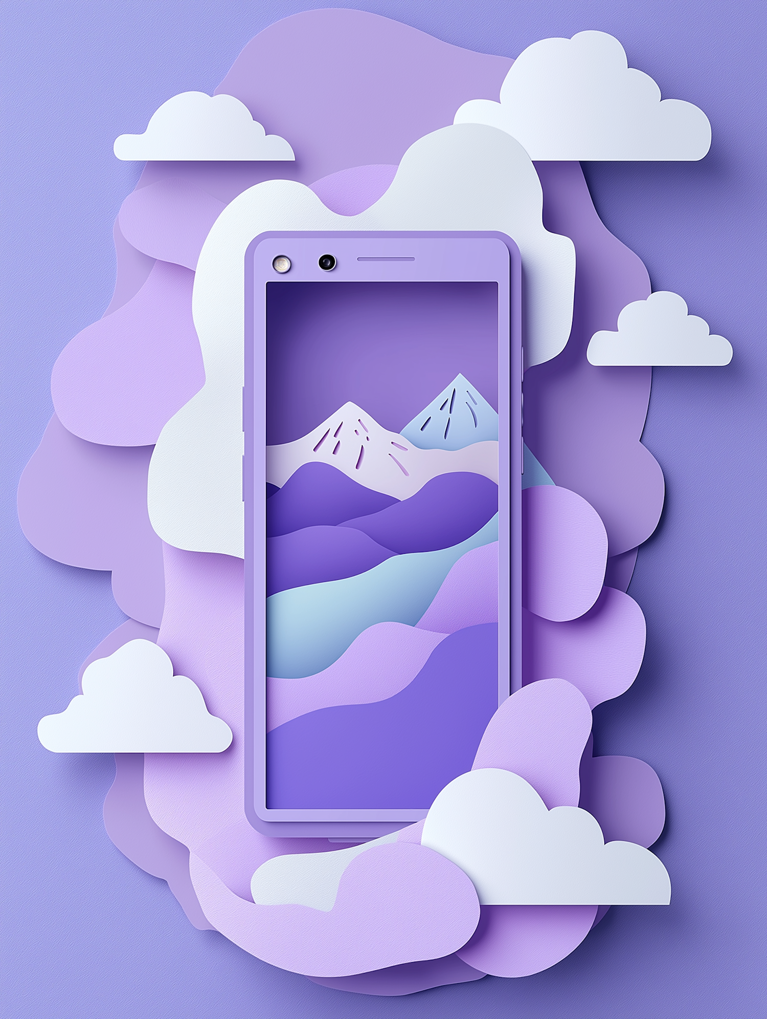 Stylized Smartphone with Pastel Clouds and Mountains