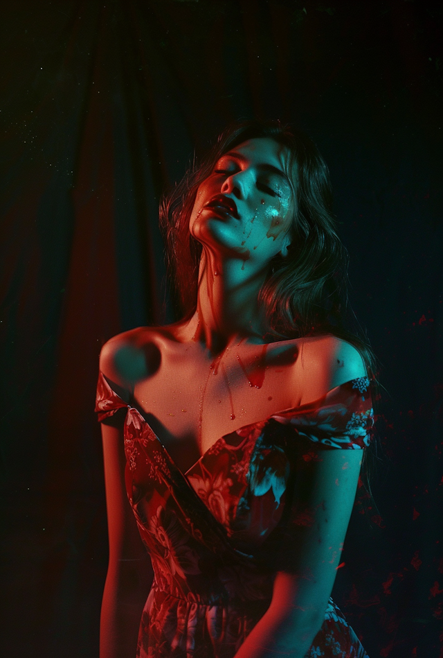 Moody Portrait of Woman with Red Lighting