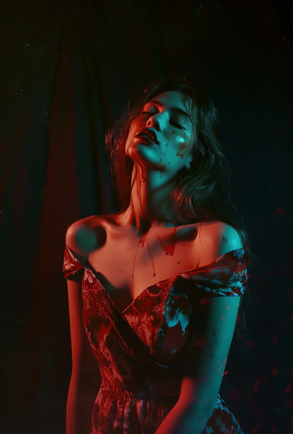 Moody Portrait of Woman with Red Lighting