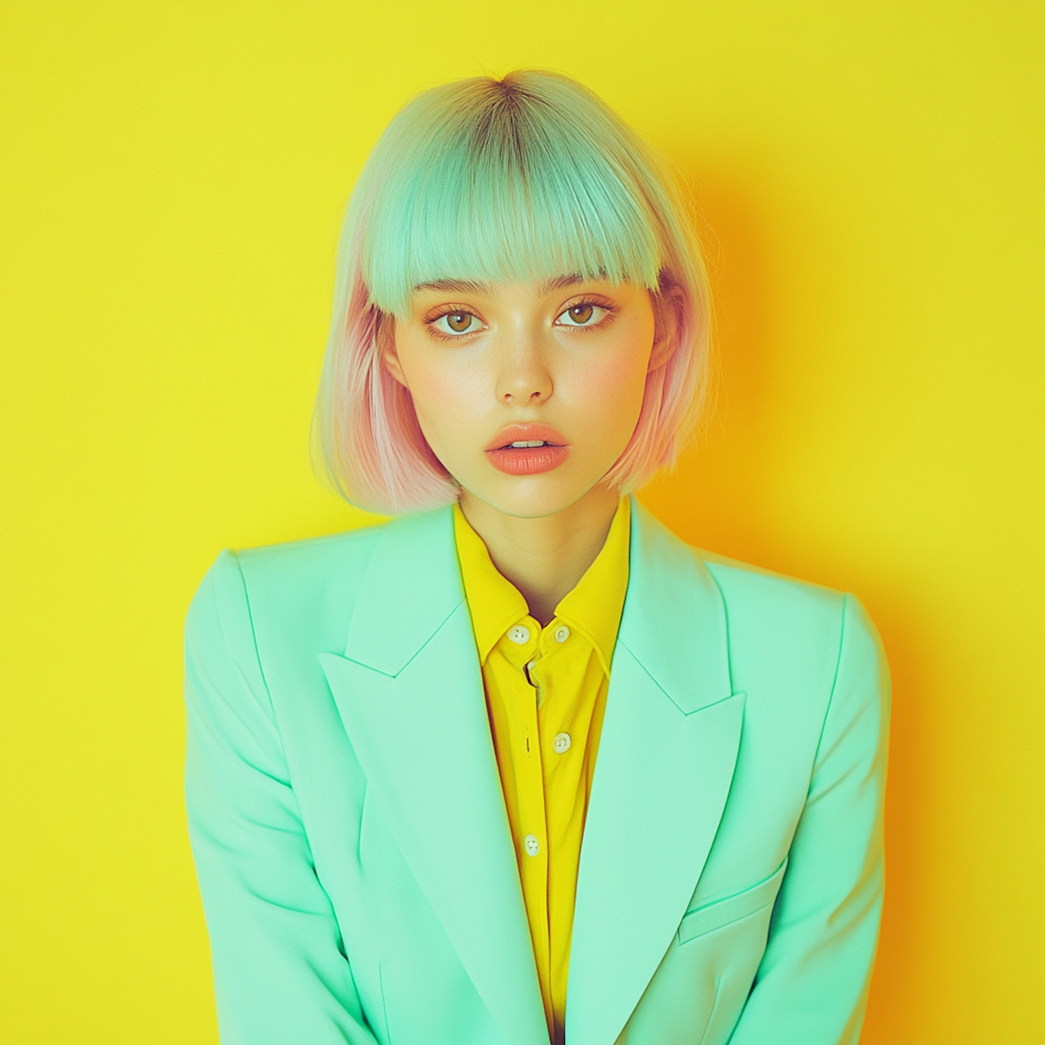 Young Woman with Pastel Hair Against Yellow Background