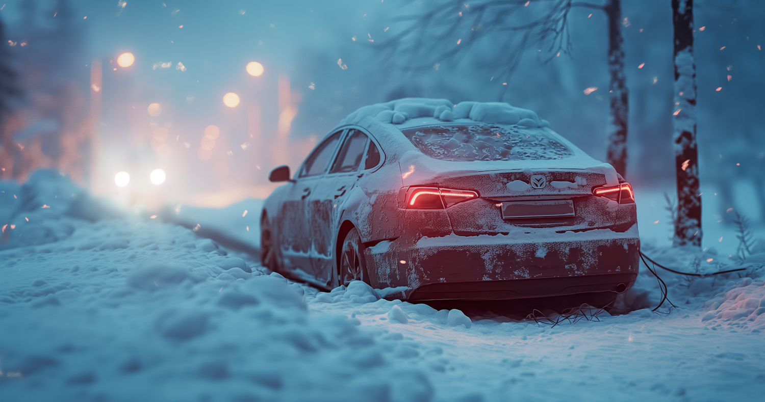 Snow-covered Car in Wintery Forest at Night