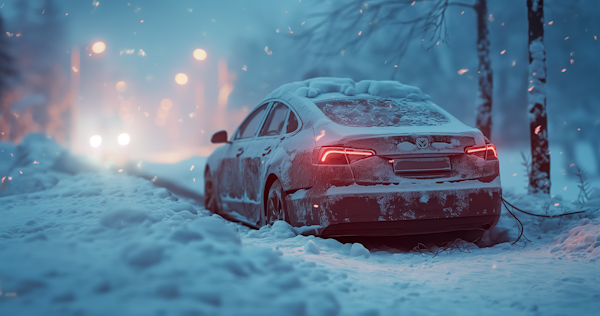 Snow-covered Car in Wintery Forest at Night